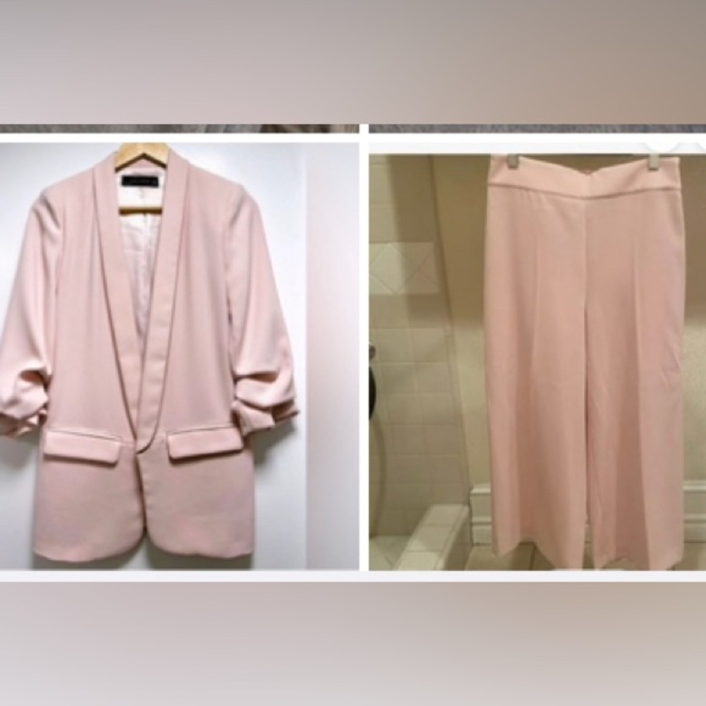 Zara 2 piece suit Light Pink Women's Blazer and wide leg pants Jacket M pants L